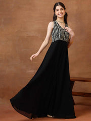 Embroidered V-Neck Fit and Flare Ethnic Dresses