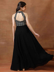 Embroidered V-Neck Fit and Flare Ethnic Dresses