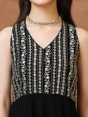 Embroidered V-Neck Fit and Flare Ethnic Dresses