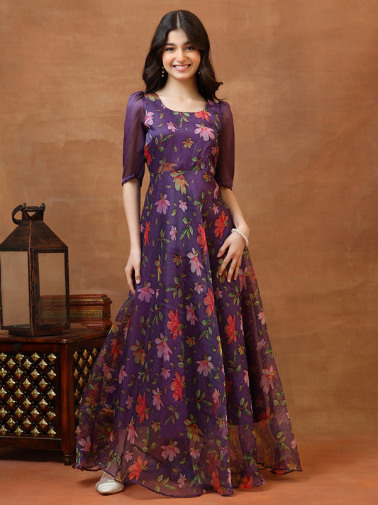 Girls Printed Round Neck Gown Maxi Dress