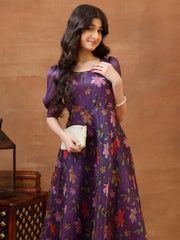 Girls Printed Round Neck Gown Maxi Dress