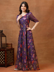 Girls Printed Round Neck Gown Maxi Dress
