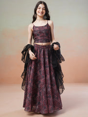 Girls Maroon Printed Ready to Wear Lehenga & Blouse With Dupatta