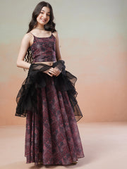 Girls Maroon Printed Ready to Wear Lehenga & Blouse With Dupatta