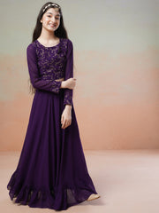 Girls Purple Embroidered Thread Work Ready to Wear Lehenga &