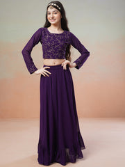 Girls Purple Embroidered Thread Work Ready to Wear Lehenga &