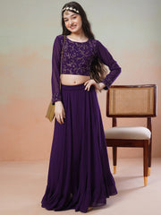 Girls Purple Embroidered Thread Work Ready to Wear Lehenga &