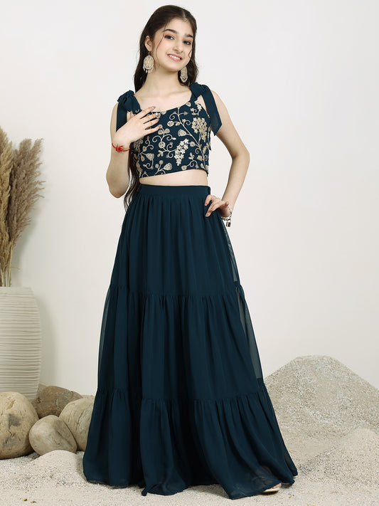 Girls Embroidered Sequinned Georgette Ready To Wear Lehenga & Choli