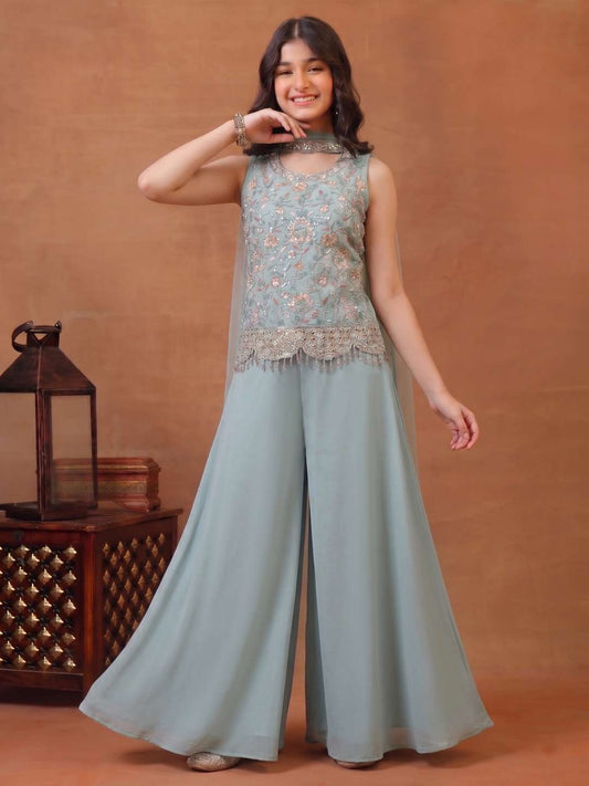 Girls Floral Embroidered Regular Sequinned Kurti with Palazzos & With Dupatta
