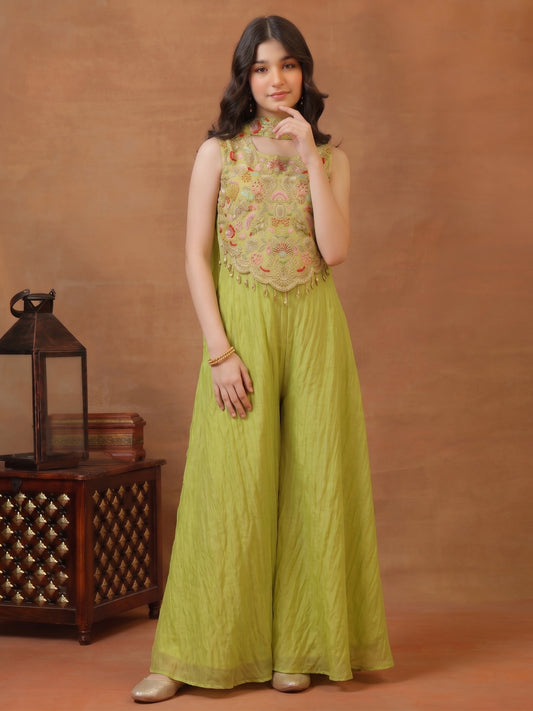 Girls Floral Embroidered Regular Thread Work Kurta with Palazzos & With Dupatta