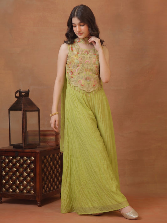 Girls Floral Embroidered Regular Thread Work Kurta with Palazzos & With Dupatta