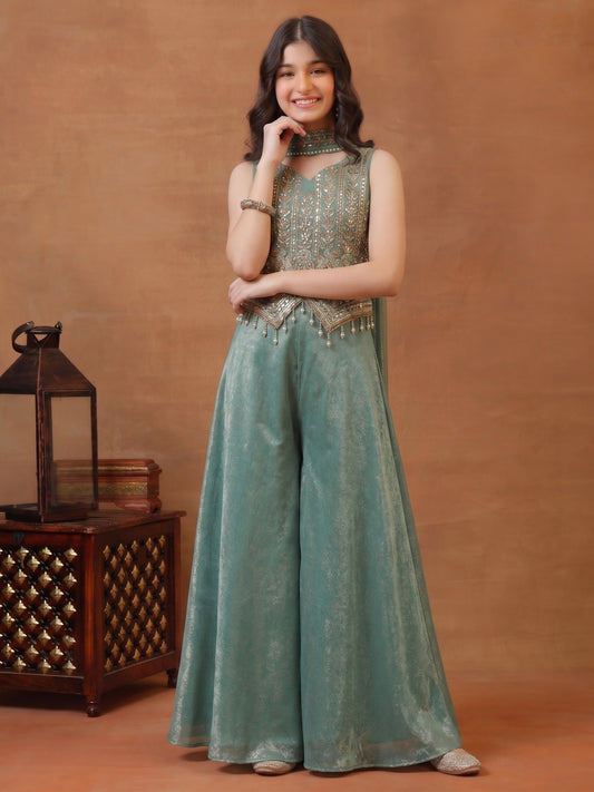 Girls Ethnic Motifs Embroidered Regular Sequinned Kurta with Palazzos & With Dupatta