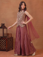 Girls Ethnic Motifs Embroidered Regular Sequinned Kurti with Palazzos & With Dupatta
