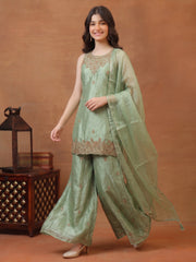 Girls Ethnic Motifs Embroidered Regular Kurta with Sharara & With Dupatta