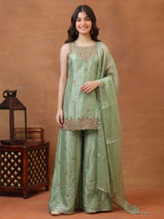 Girls Ethnic Motifs Embroidered Regular Kurta with Sharara & With Dupatta