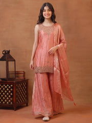 Girls Ethnic Motifs Embroidered Regular Kurta with Sharara & With Dupatta