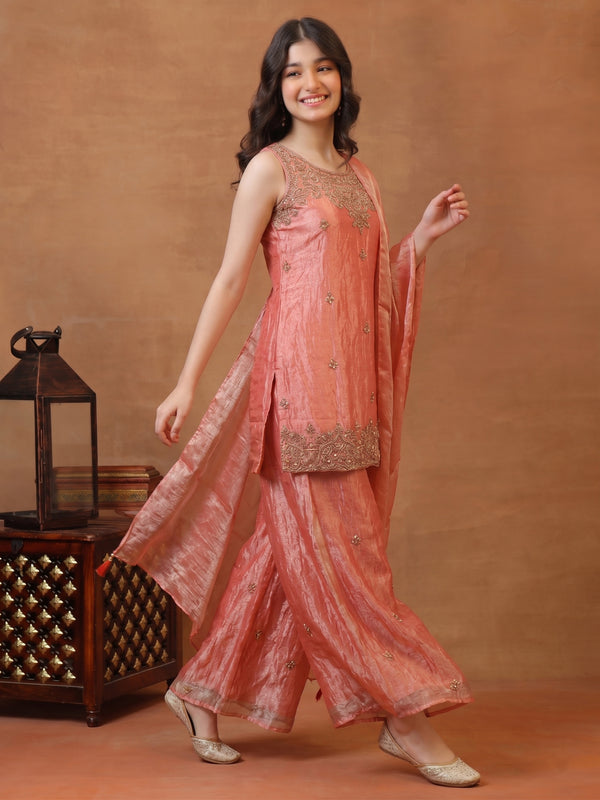 Girls Ethnic Motifs Embroidered Regular Kurta with Sharara & With Dupatta