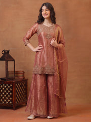 Girls Ethnic Motifs Embroidered Regular Thread Work Kurta with Sharara & With Dupatta