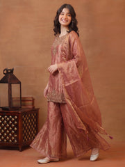 Girls Ethnic Motifs Embroidered Regular Thread Work Kurta with Sharara & With Dupatta