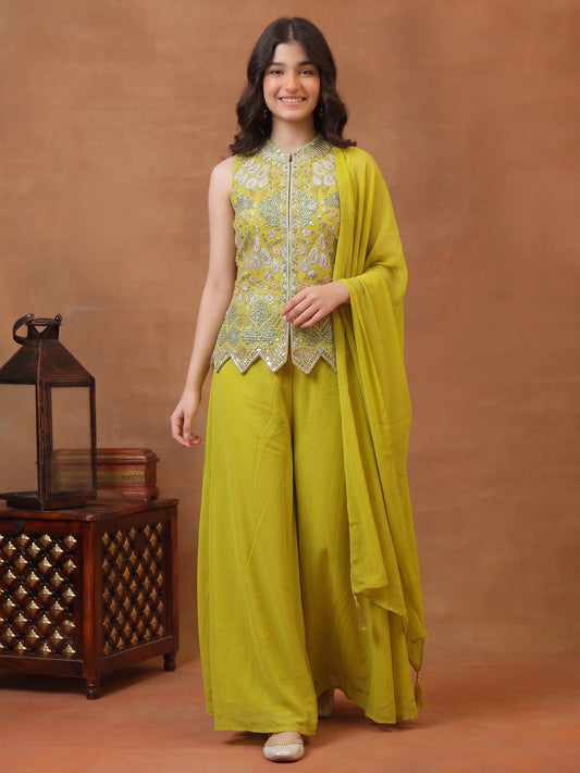Girls Ethnic Motifs Embroidered Regular Mirror Work Kurta with Palazzos & With Dupatta
