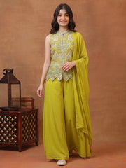 Girls Ethnic Motifs Embroidered Regular Mirror Work Kurta with Palazzos & With Dupatta
