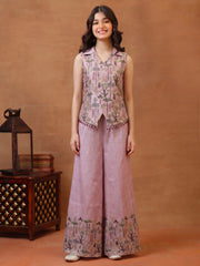 Girls Floral Printed and Zari Embroidered Top with Palazzo Co-Ords Set