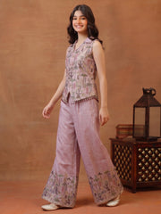 Girls Floral Printed and Zari Embroidered Top with Palazzo Co-Ords Set