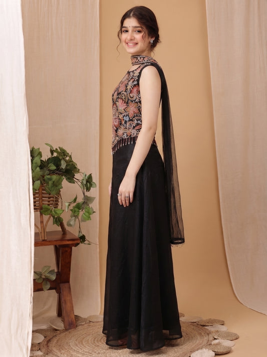 Girls Floral Embroidered Regular Thread Work Kurti with Palazzos & With Dupatta