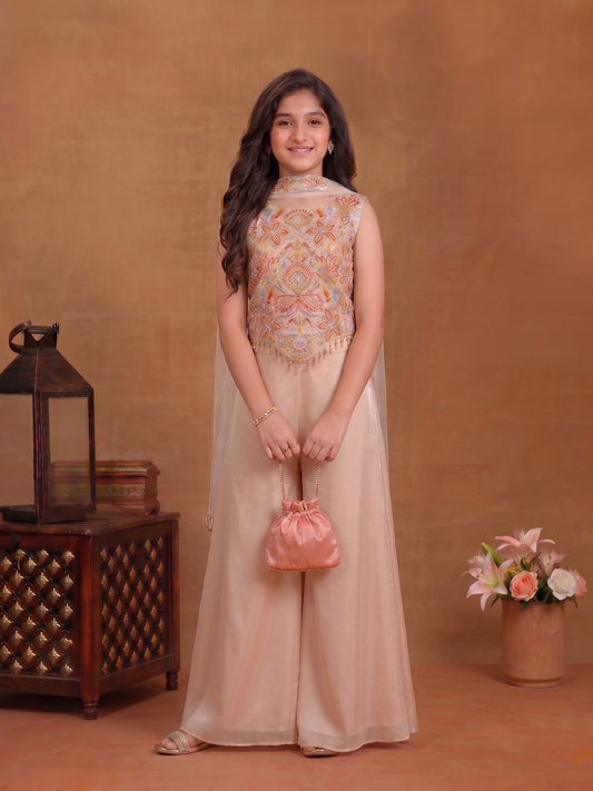 Girls Ethnic Motifs Embroidered Regular Thread Work Kurta with Palazzos & With Dupatta
