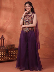 Girls Floral Embroidered Regular Thread Work Kurti with Palazzos & With Dupatta