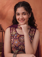 Girls Floral Embroidered Regular Thread Work Kurti with Palazzos & With Dupatta