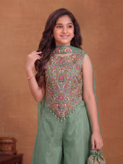 Girls Floral Embroidered Regular Thread Work Top with Palazzos & With Dupatta