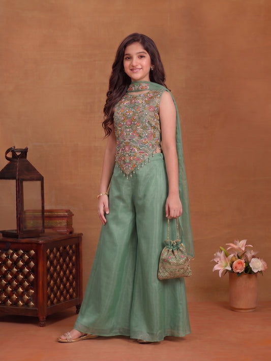 Girls Floral Embroidered Regular Thread Work Top with Palazzos & With Dupatta