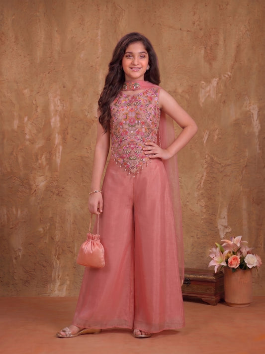 Girls Floral Embroidered Regular Thread Work Kurta with Palazzos With Dupatta