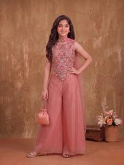 Girls Floral Embroidered Regular Thread Work Kurta with Palazzos With Dupatta