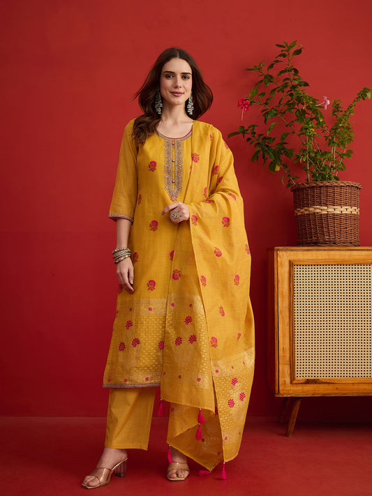 Women Ethnic Embroidered Regular Work Silk Kurta with Palazzos & Dupatta
