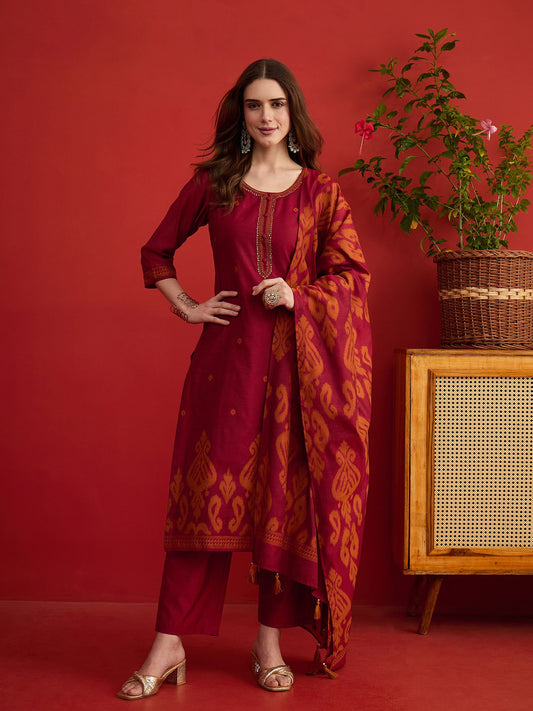 Women Printed Regular Silk Kurta with Trousers & Dupatta