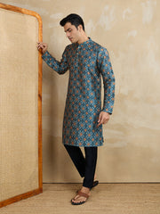 Ethnic Motifs Printed Mandarin Collar Sequinned Straight Kurta With Trousers