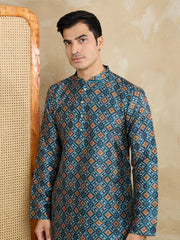 Ethnic Motifs Printed Mandarin Collar Sequinned Straight Kurta With Trousers