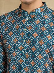 Ethnic Motifs Printed Mandarin Collar Sequinned Straight Kurta With Trousers