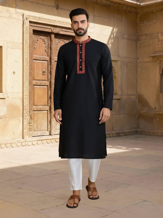 Men Floral Yoke Design Thread Work Kurta