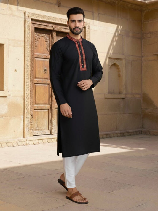 Men Floral Yoke Design Thread Work Kurta