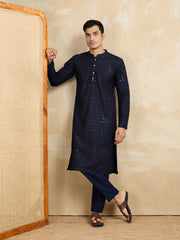 Ethnic Motifs Embroidered Mandarin Collar Sequinned Straight Kurta With Trousers