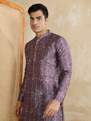 Ethnic Motifs Printed Mandarin Collar Sequinned Straight Kurta With Trousers