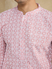 Ethnic Motifs Embroidered Mandarin Collar Thread Work Straight Kurta With Trousers