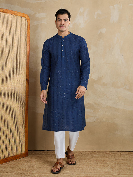 Striped Embroidered Mandarin Collar Thread Work Straight Kurta With Trousers