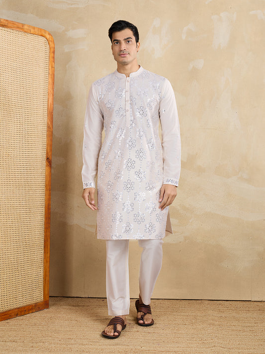 Floral Embroidered Sequinned Mandarin Collar Silk Straight Kurta
