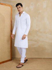 Floral Embroidered Chikankari Shirt Collar Straight Kurta With Trousers