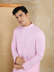 Floral Embroidered Chikankari Mandarin Collar Straight Kurta With Trousers