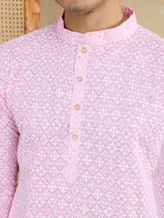 Floral Embroidered Chikankari Mandarin Collar Straight Kurta With Trousers